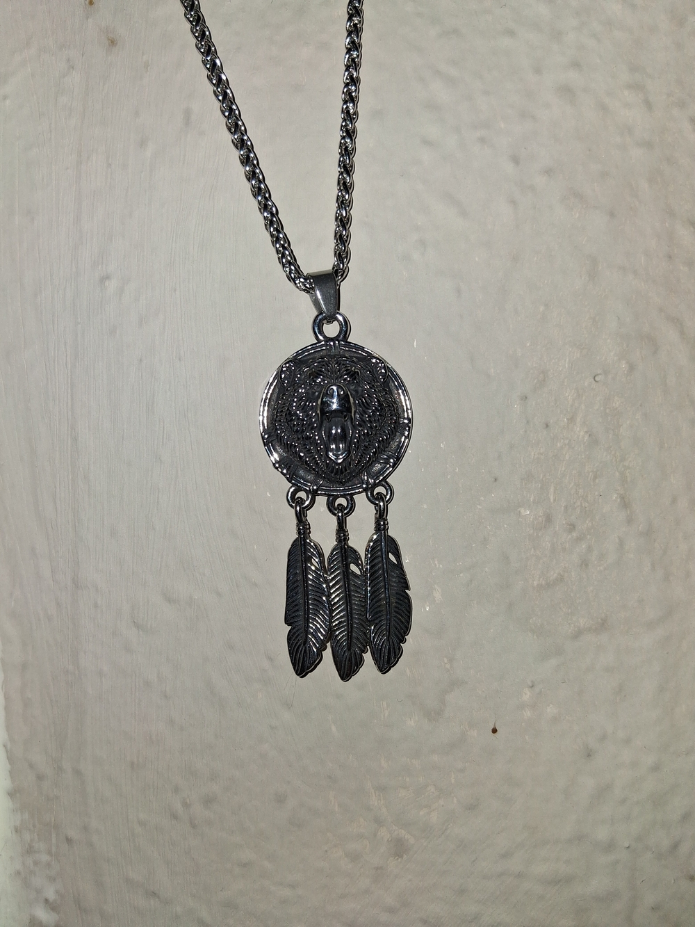 Stainless Steel Bear  Dreamcatcher Feather Pendant Necklace - Silver